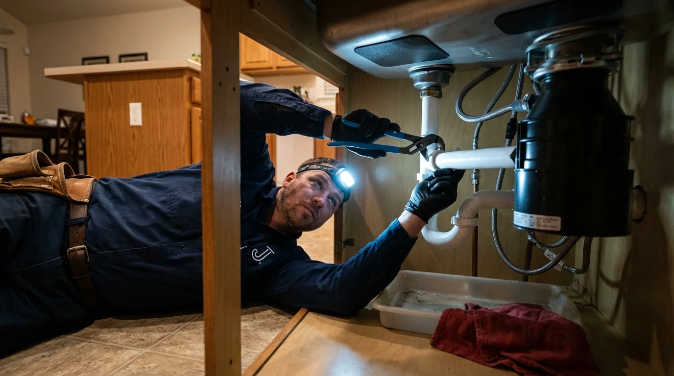P-trap and supply line connections under a kitchen sink showing a common leak point in Riverton, UT